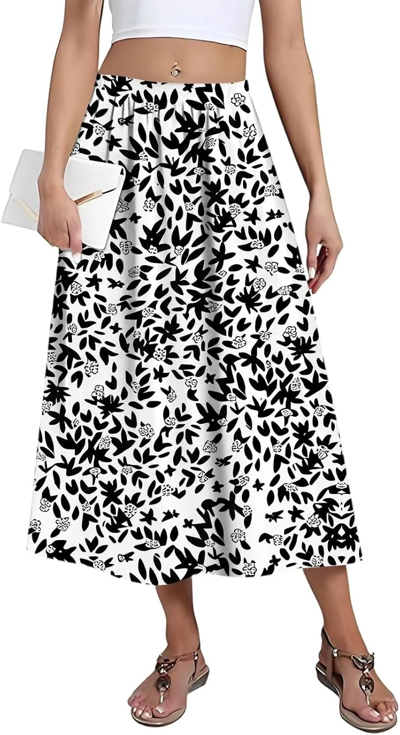 Midi Boho Floral Skirts for Women Trendy High Elastic Waist Comfy Flowy A Line Skirt Skorts with Pockets