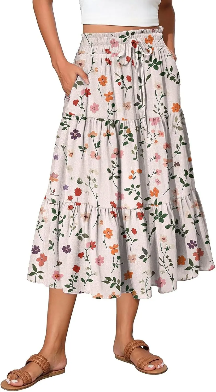 Midi Boho Floral Skirts for Women Trendy Tiered A Line Skirt Comfy Flowy Drawstring High Elastic Waist Skorts with Pockets