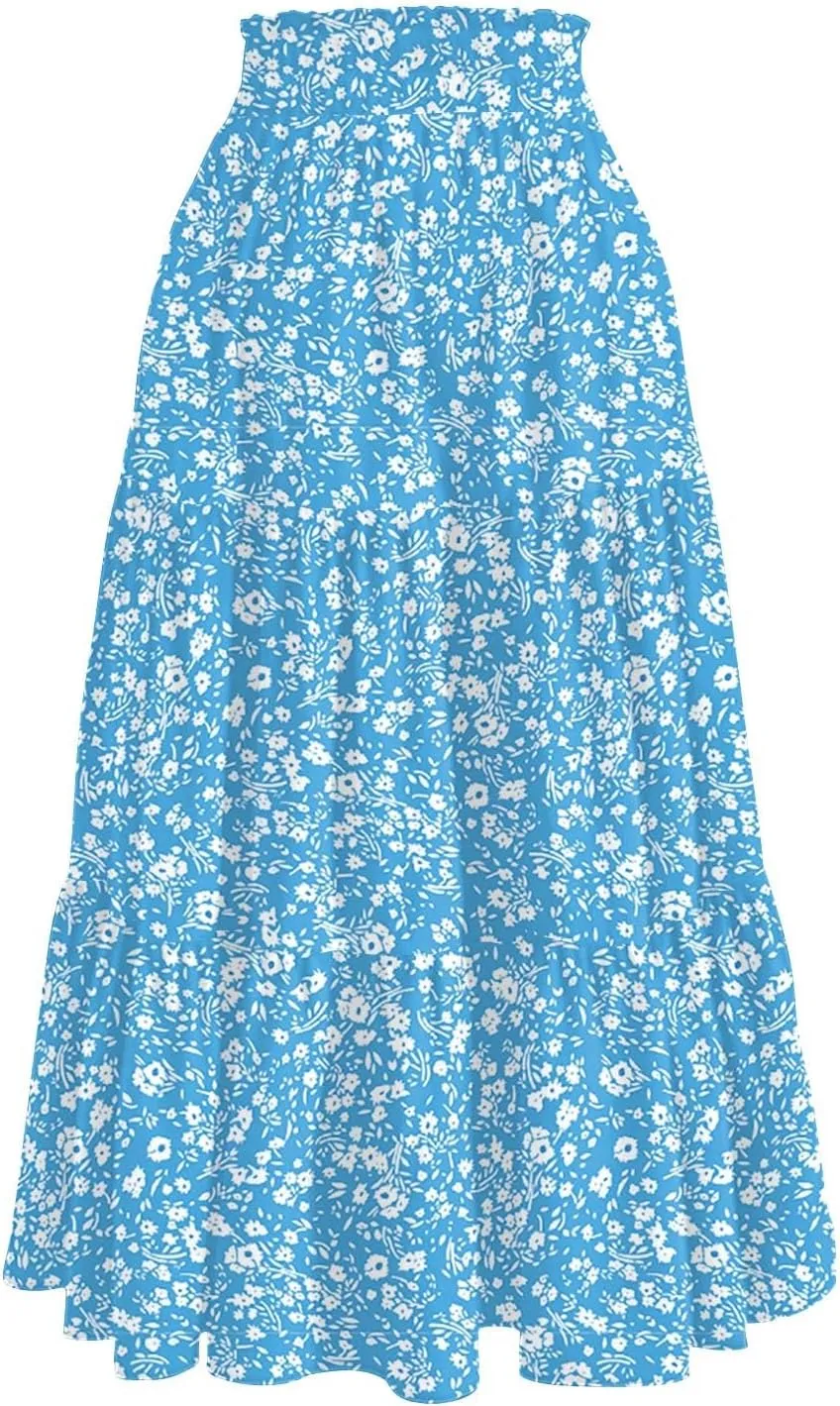 Midi Boho Floral Skirts for Women Trendy Tiered A Line Skirt Comfy Flowy Drawstring High Elastic Waist Skorts with Pockets