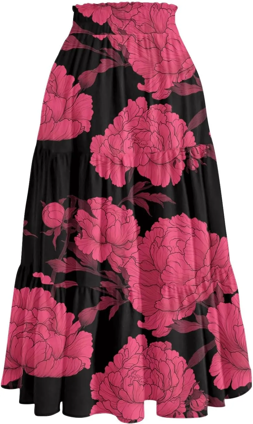Midi Boho Floral Skirts for Women Trendy Tiered A Line Skirt Comfy Flowy Drawstring High Elastic Waist Skorts with Pockets