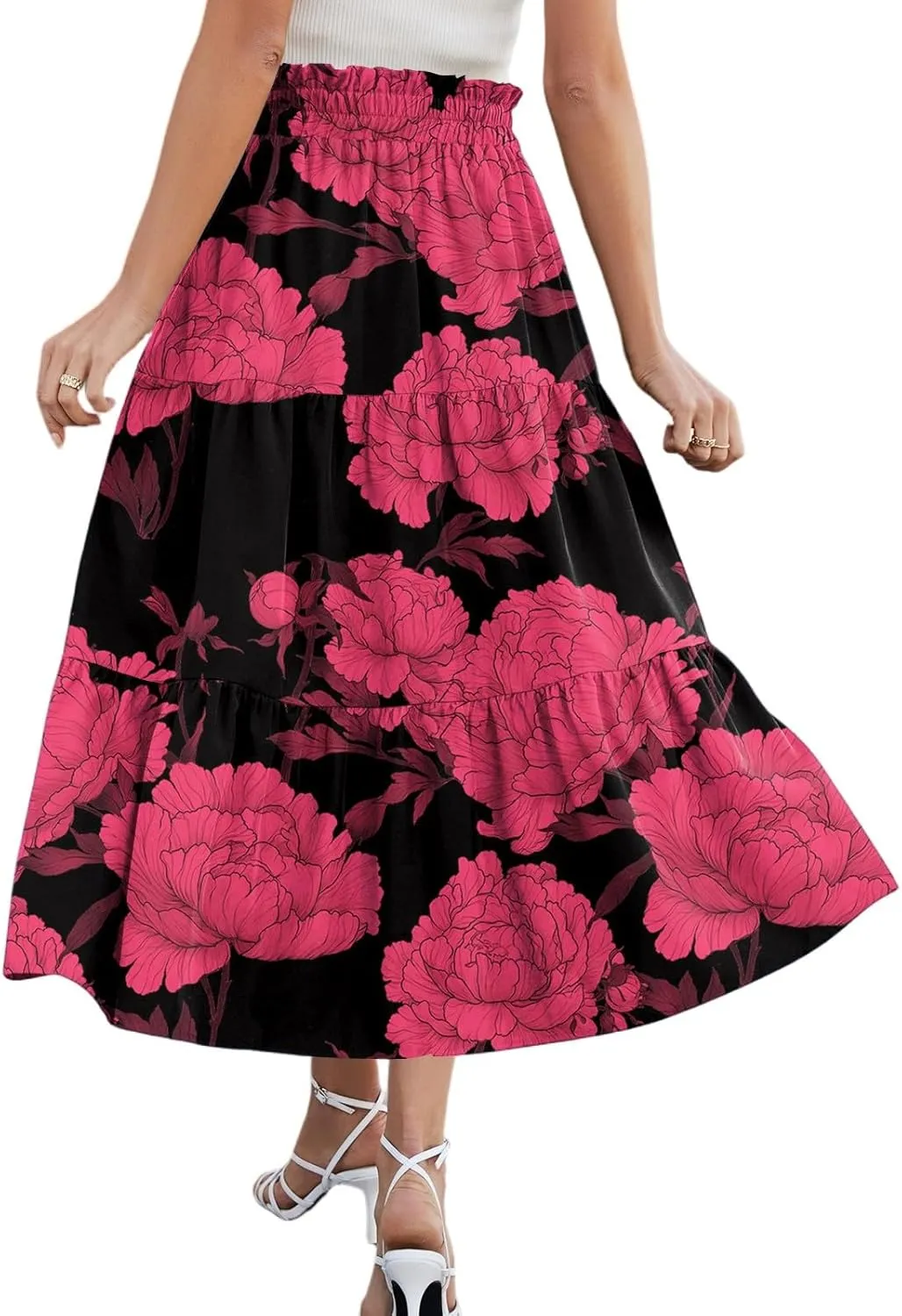 Midi Boho Floral Skirts for Women Trendy Tiered A Line Skirt Comfy Flowy Drawstring High Elastic Waist Skorts with Pockets