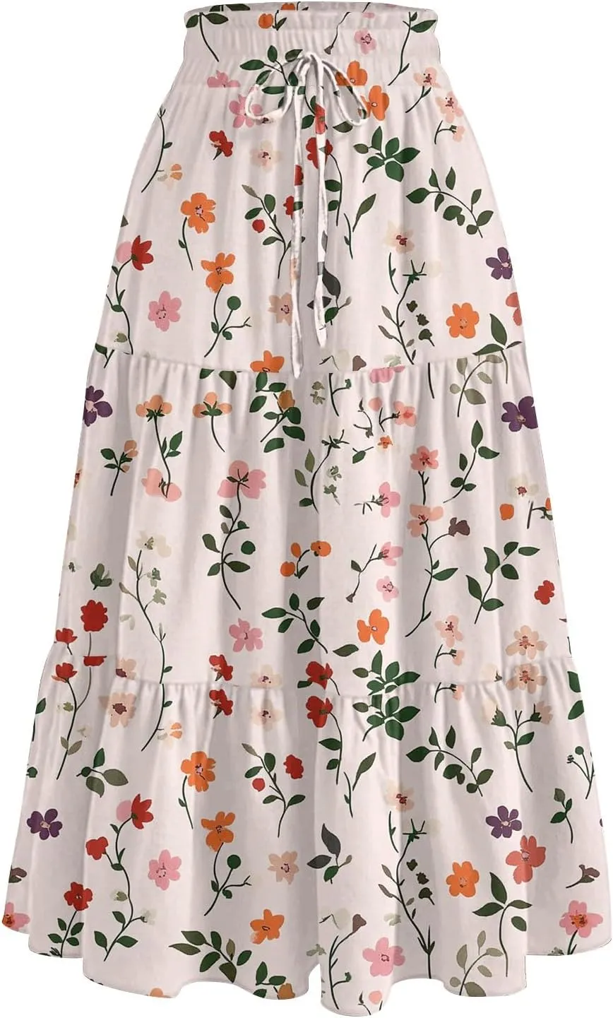 Midi Boho Floral Skirts for Women Trendy Tiered A Line Skirt Comfy Flowy Drawstring High Elastic Waist Skorts with Pockets