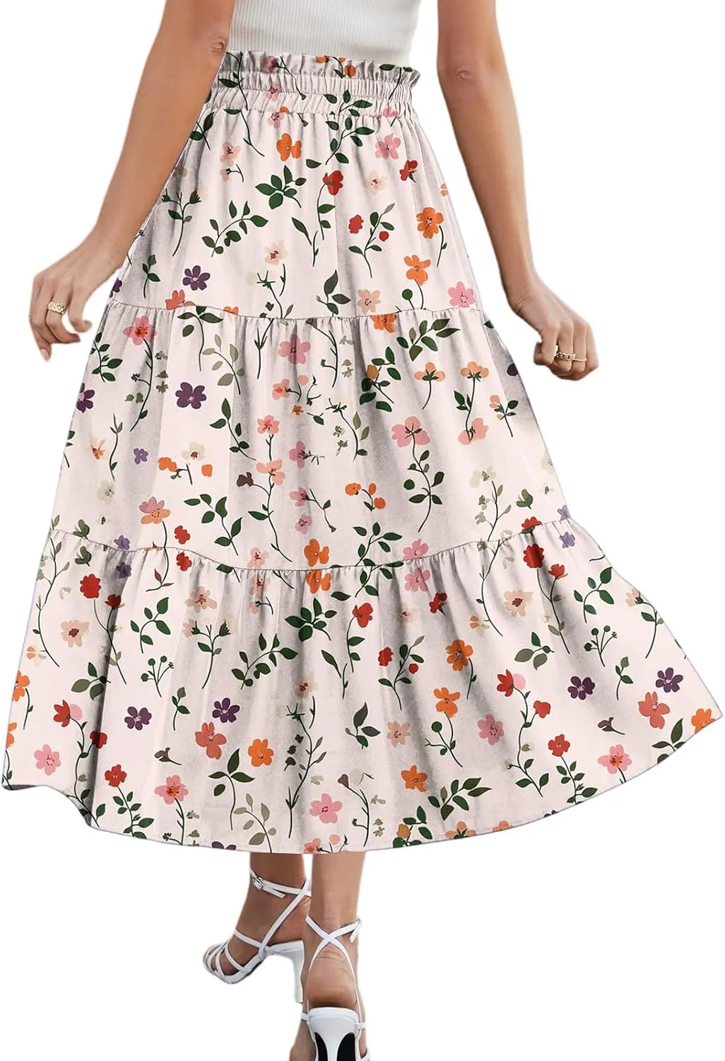 Midi Boho Floral Skirts for Women Trendy Tiered A Line Skirt Comfy Flowy Drawstring High Elastic Waist Skorts with Pockets
