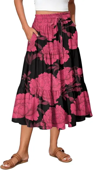 Midi Boho Floral Skirts for Women Trendy Tiered A Line Skirt Comfy Flowy Drawstring High Elastic Waist Skorts with Pockets