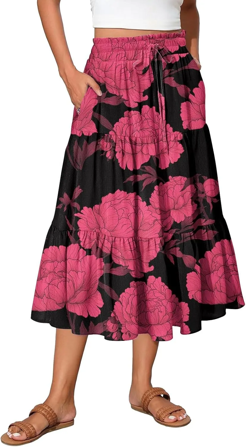 Midi Boho Floral Skirts for Women Trendy Tiered A Line Skirt Comfy Flowy Drawstring High Elastic Waist Skorts with Pockets