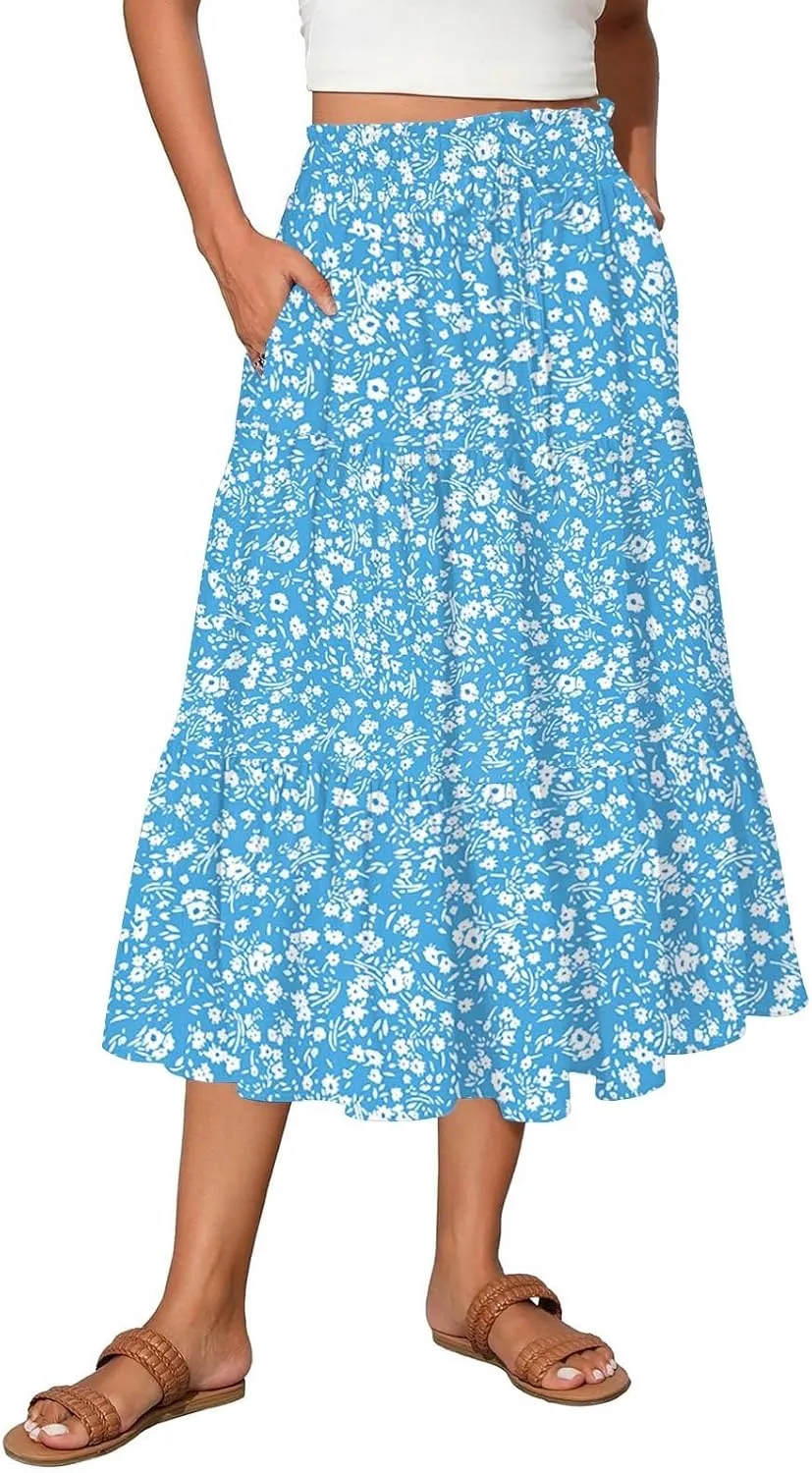 Midi Boho Floral Skirts for Women Trendy Tiered A Line Skirt Comfy Flowy Drawstring High Elastic Waist Skorts with Pockets