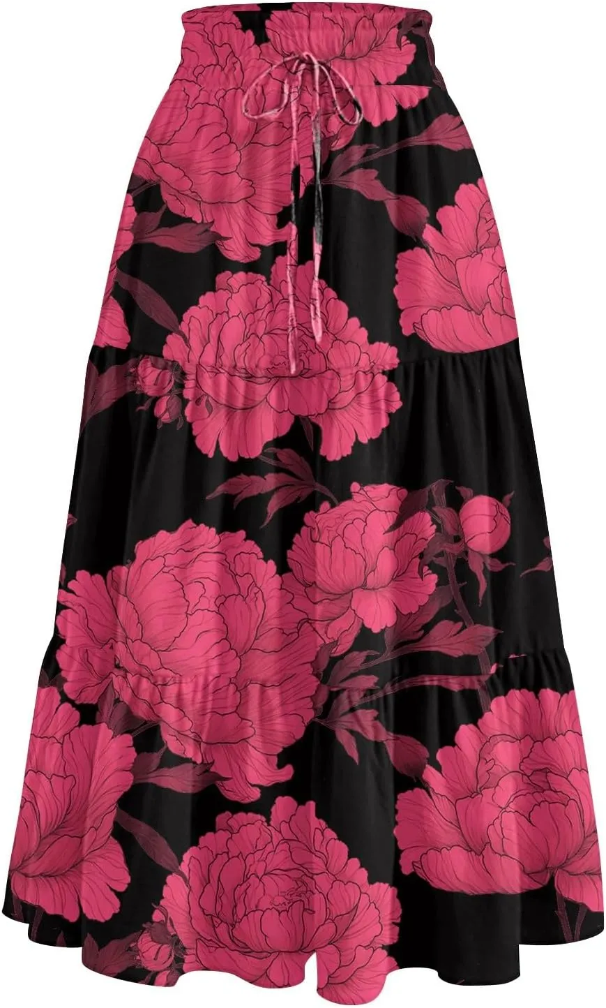 Midi Boho Floral Skirts for Women Trendy Tiered A Line Skirt Comfy Flowy Drawstring High Elastic Waist Skorts with Pockets