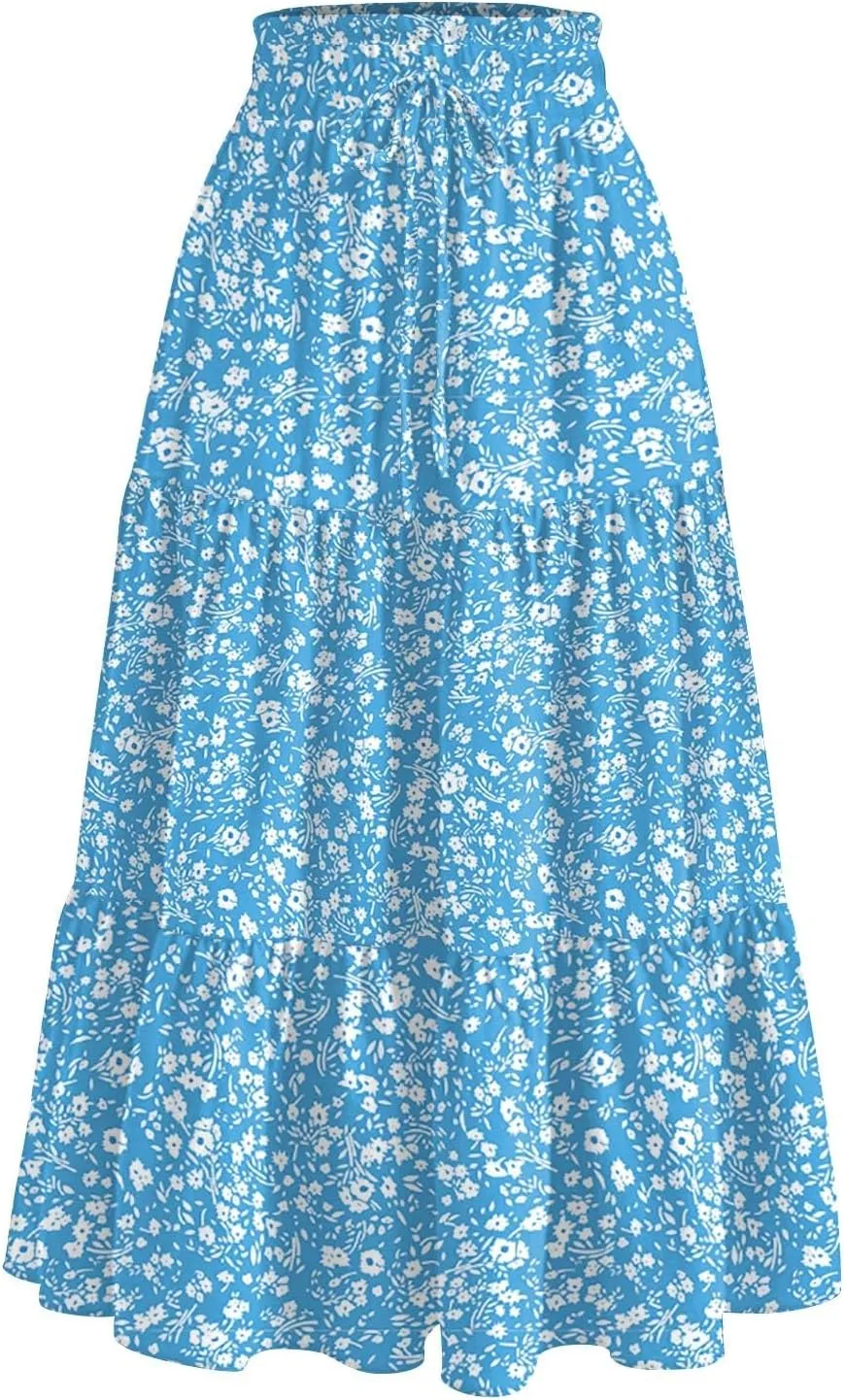 Midi Boho Floral Skirts for Women Trendy Tiered A Line Skirt Comfy Flowy Drawstring High Elastic Waist Skorts with Pockets