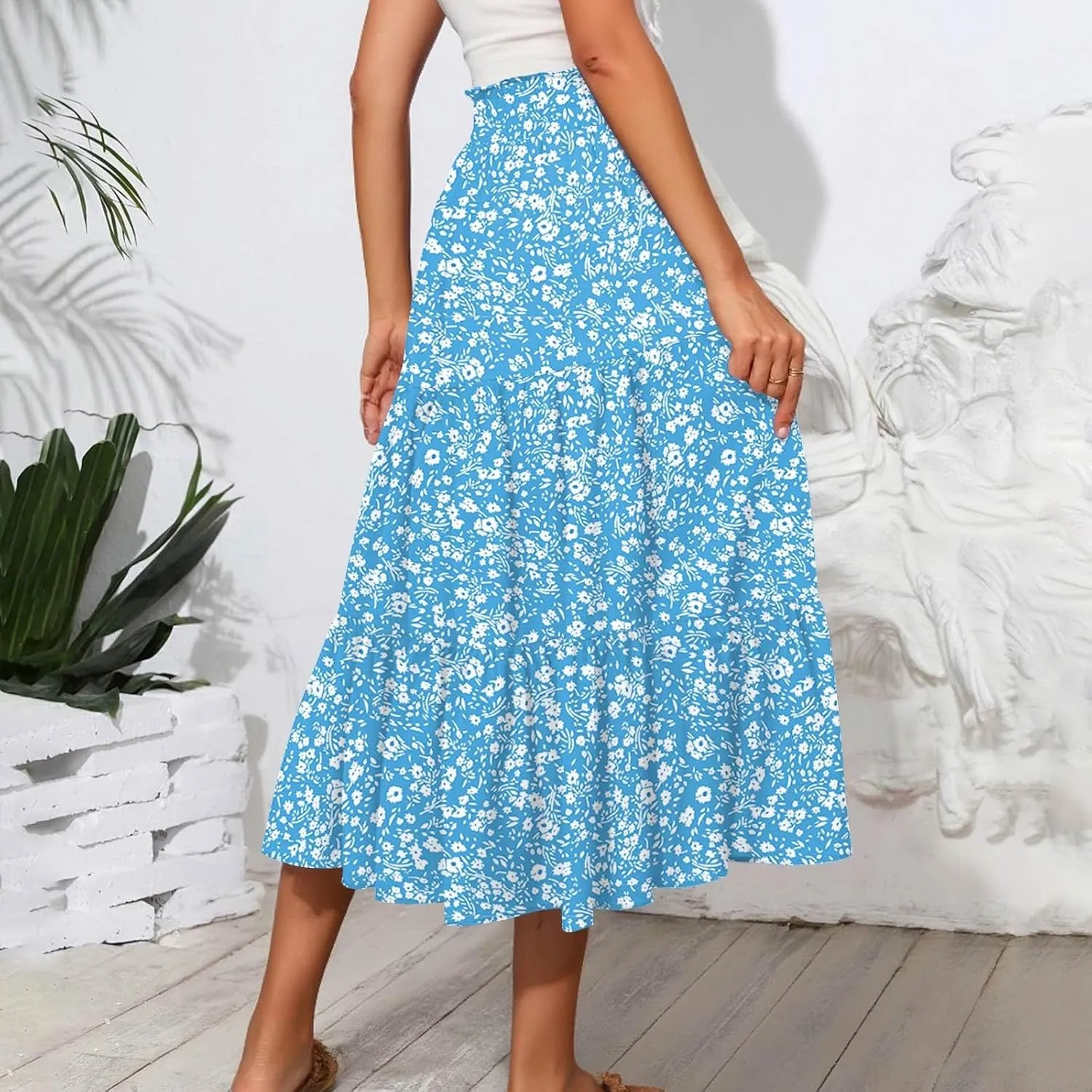 Midi Boho Floral Skirts for Women Trendy Tiered A Line Skirt Comfy Flowy Drawstring High Elastic Waist Skorts with Pockets