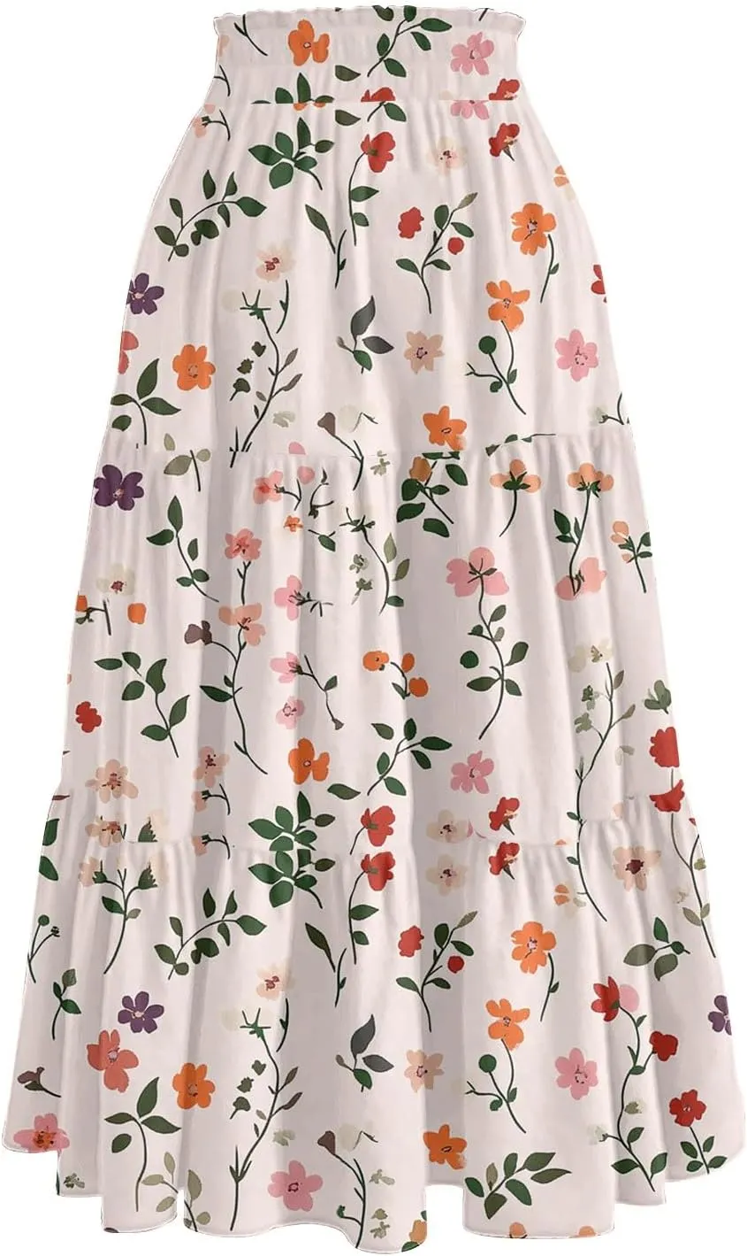 Midi Boho Floral Skirts for Women Trendy Tiered A Line Skirt Comfy Flowy Drawstring High Elastic Waist Skorts with Pockets