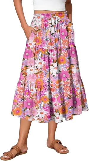 Midi Boho Floral Skirts for Women Trendy Tiered A Line Skirt Drawstring High Elastic Waist Comfy Flowy Skorts with Pockets