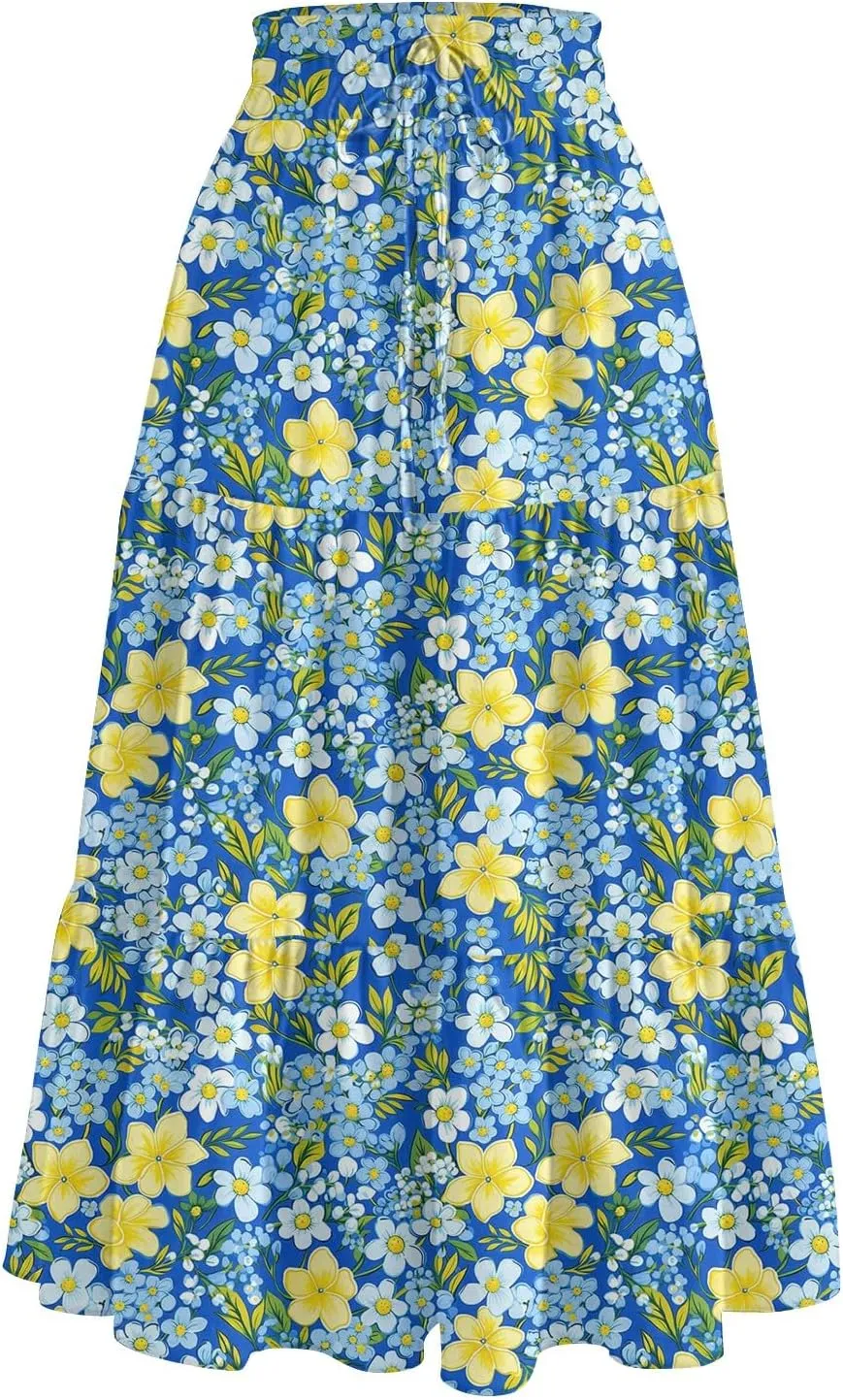 Midi Boho Floral Skirts for Women Trendy Tiered A Line Skirt Drawstring High Elastic Waist Comfy Flowy Skorts with Pockets