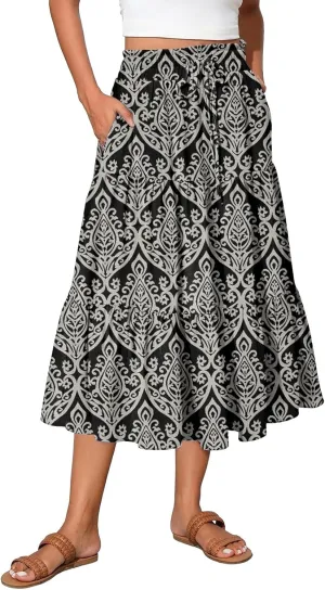 Midi Boho Floral Skirts for Women Trendy Tiered A Line Skirt Drawstring High Elastic Waist Comfy Flowy Skorts with Pockets