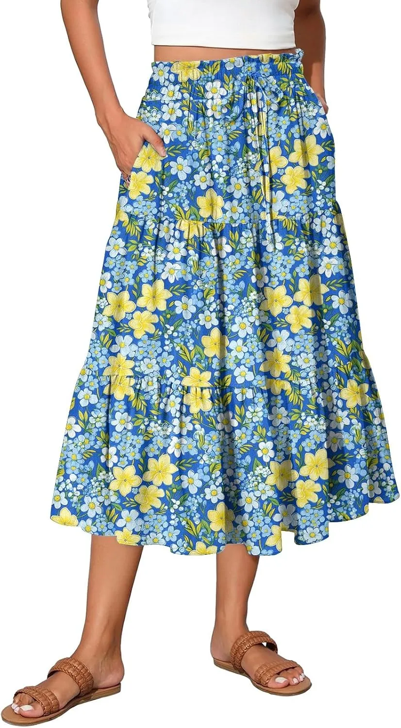 Midi Boho Floral Skirts for Women Trendy Tiered A Line Skirt Drawstring High Elastic Waist Comfy Flowy Skorts with Pockets