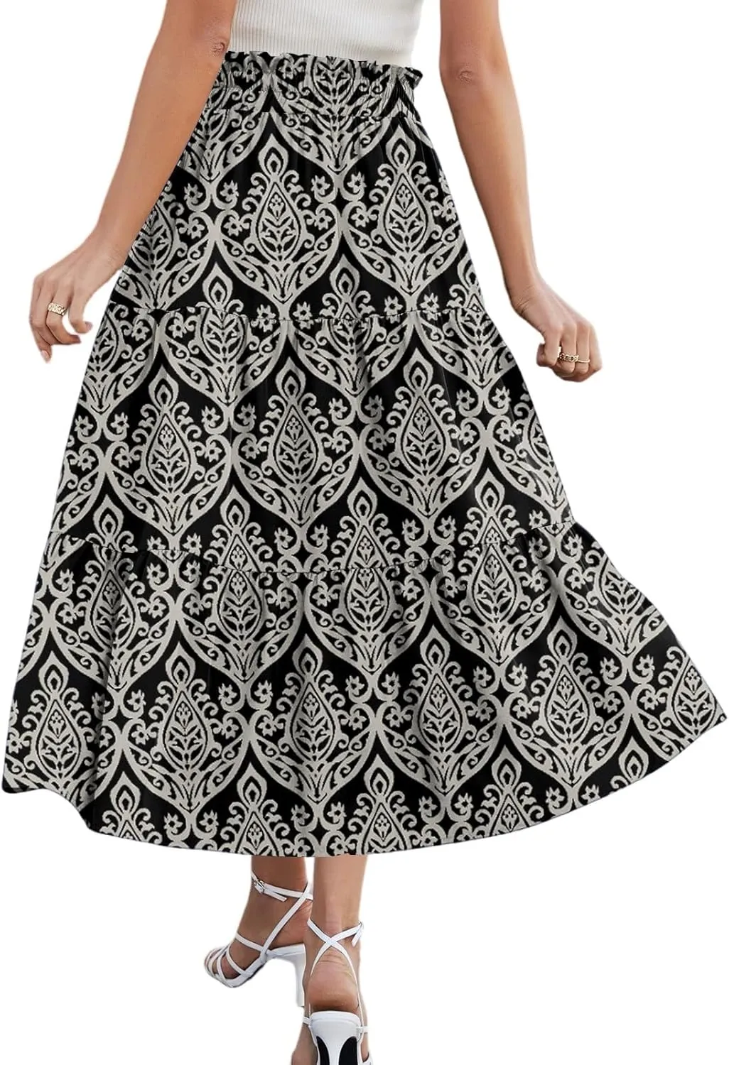Midi Boho Floral Skirts for Women Trendy Tiered A Line Skirt Drawstring High Elastic Waist Comfy Flowy Skorts with Pockets