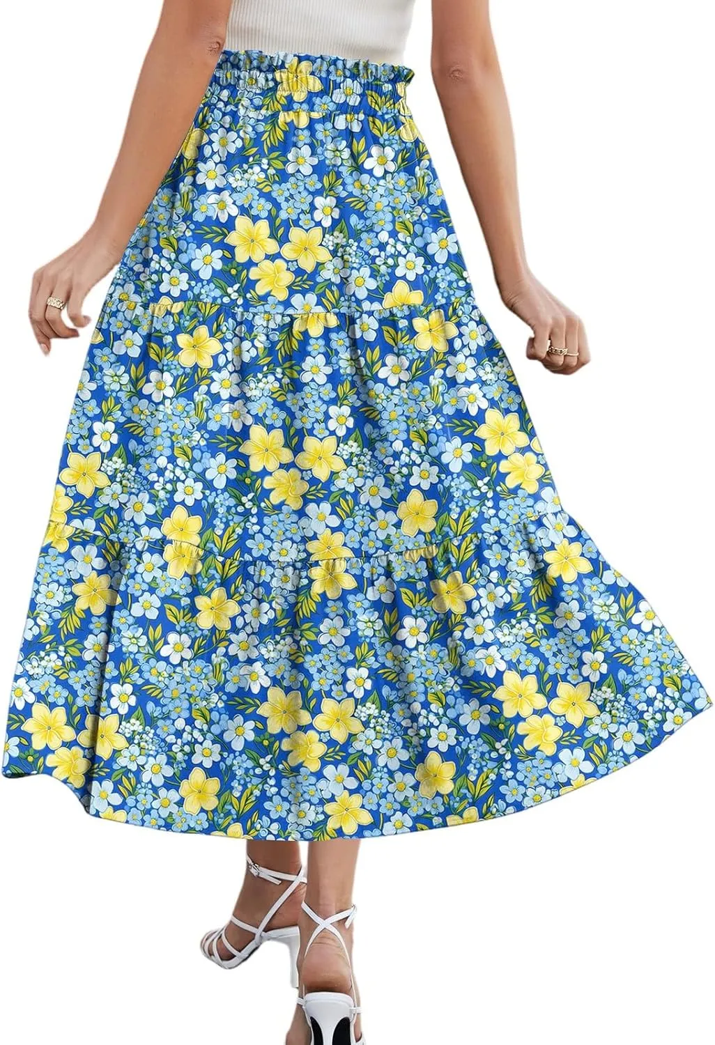 Midi Boho Floral Skirts for Women Trendy Tiered A Line Skirt Drawstring High Elastic Waist Comfy Flowy Skorts with Pockets