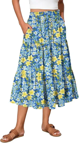 Midi Boho Floral Skirts for Women Trendy Tiered A Line Skirt Drawstring High Elastic Waist Comfy Flowy Skorts with Pockets