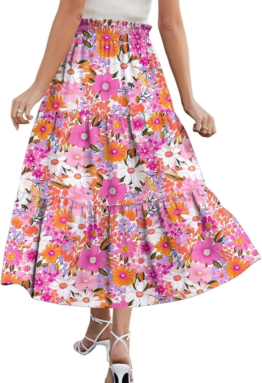 Midi Boho Floral Skirts for Women Trendy Tiered A Line Skirt Drawstring High Elastic Waist Comfy Flowy Skorts with Pockets
