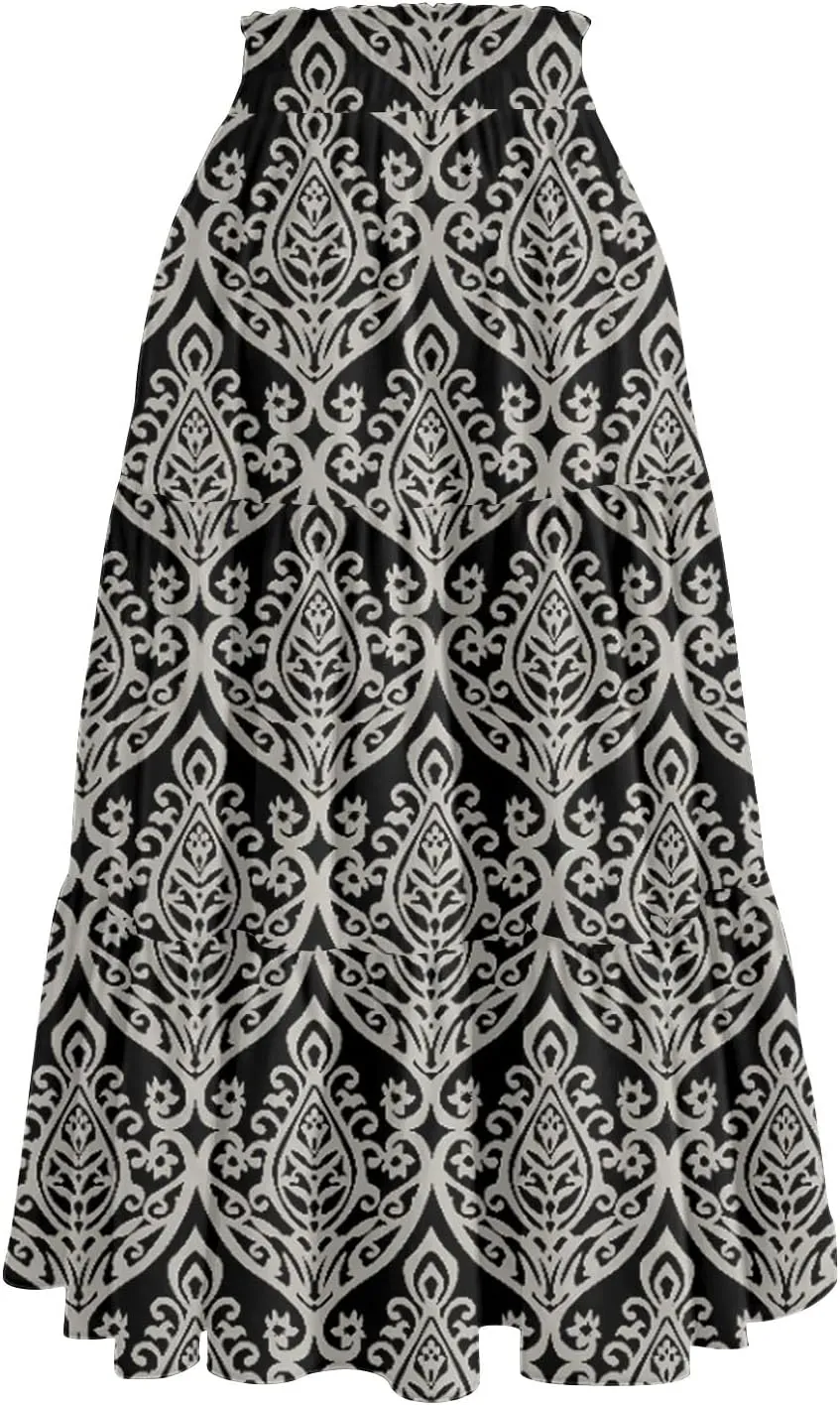 Midi Boho Floral Skirts for Women Trendy Tiered A Line Skirt Drawstring High Elastic Waist Comfy Flowy Skorts with Pockets
