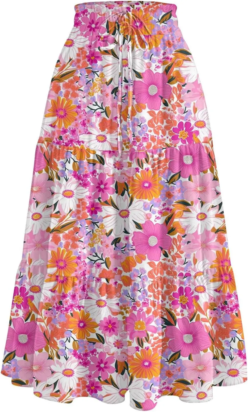 Midi Boho Floral Skirts for Women Trendy Tiered A Line Skirt Drawstring High Elastic Waist Comfy Flowy Skorts with Pockets
