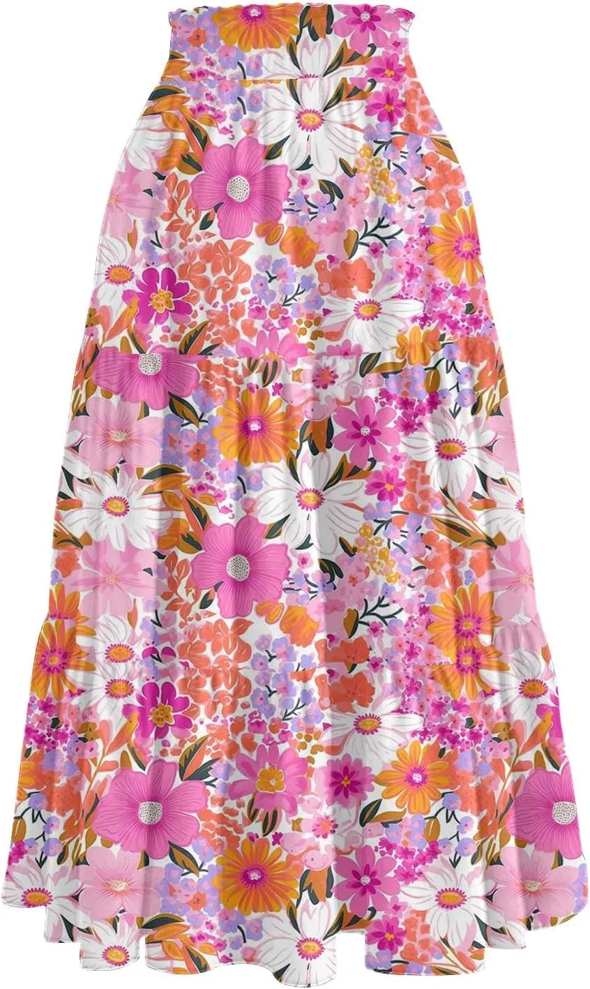 Midi Boho Floral Skirts for Women Trendy Tiered A Line Skirt Drawstring High Elastic Waist Comfy Flowy Skorts with Pockets