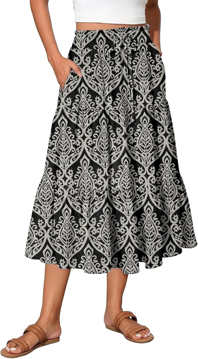 Midi Boho Floral Skirts for Women Trendy Tiered A Line Skirt Drawstring High Elastic Waist Comfy Flowy Skorts with Pockets