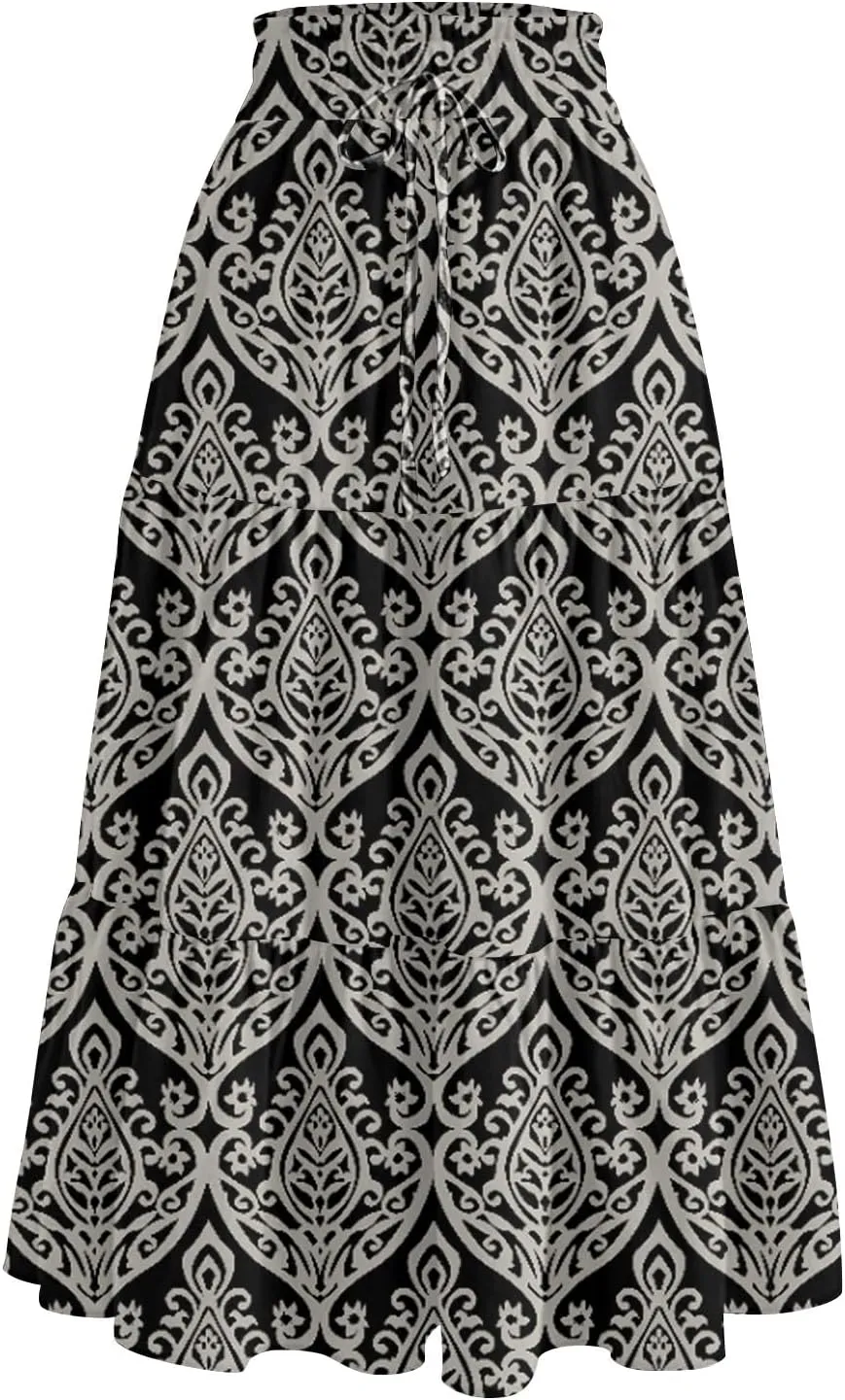 Midi Boho Floral Skirts for Women Trendy Tiered A Line Skirt Drawstring High Elastic Waist Comfy Flowy Skorts with Pockets