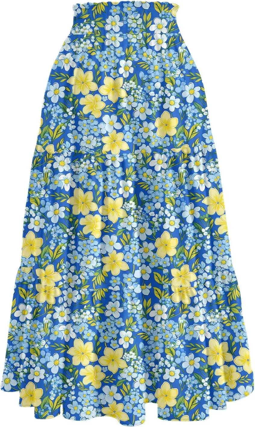 Midi Boho Floral Skirts for Women Trendy Tiered A Line Skirt Drawstring High Elastic Waist Comfy Flowy Skorts with Pockets