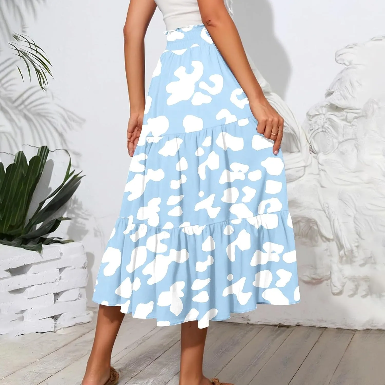 Midi Boho Floral Skirts for Women Trendy Tiered Comfy Flowy A Line Skirt Drawstring High Elastic Waist Skorts with Pockets