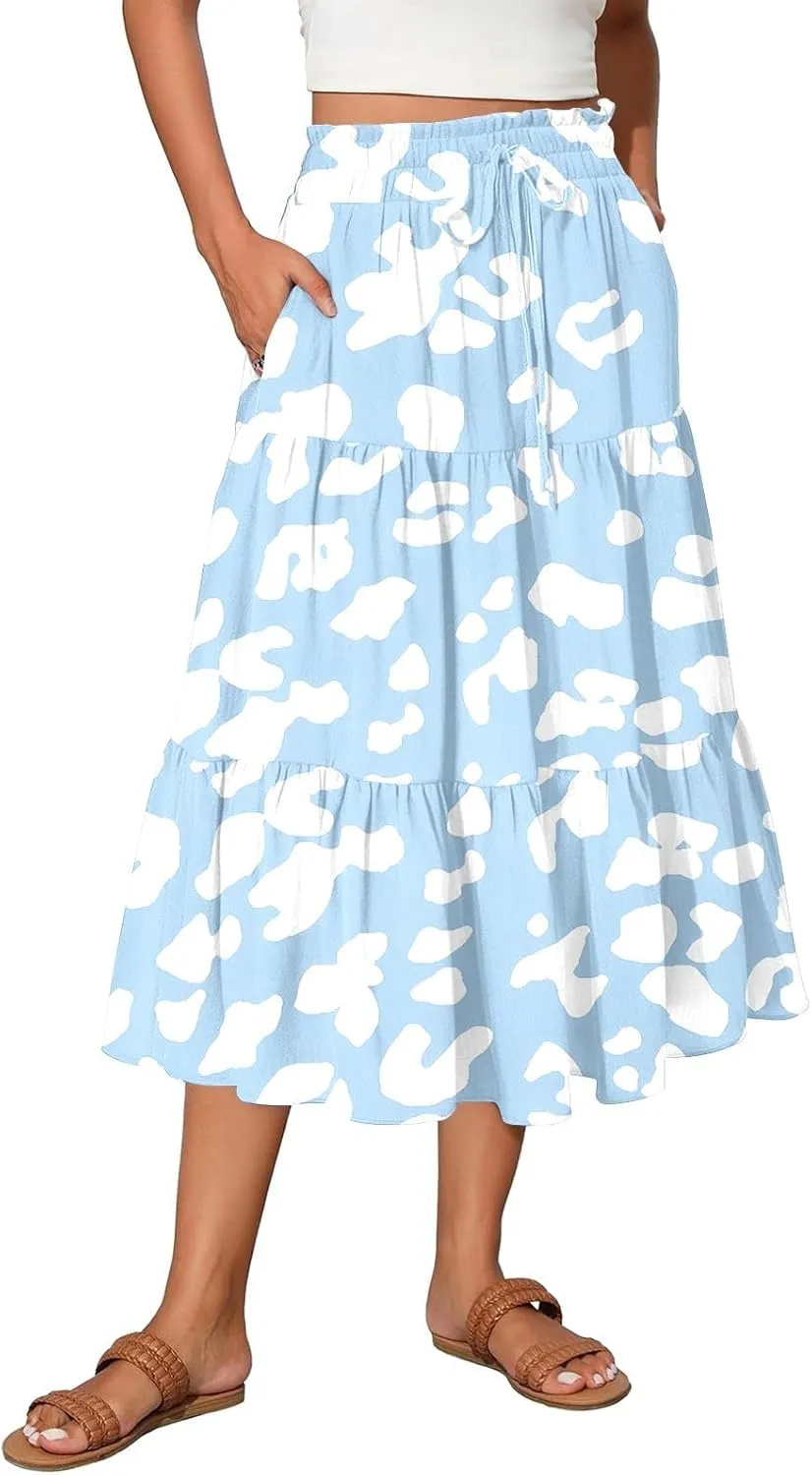 Midi Boho Floral Skirts for Women Trendy Tiered Comfy Flowy A Line Skirt Drawstring High Elastic Waist Skorts with Pockets