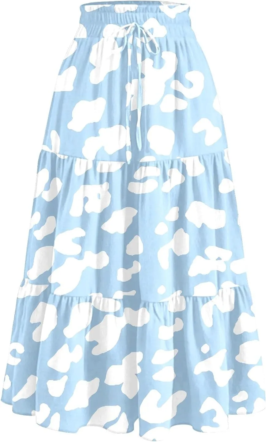 Midi Boho Floral Skirts for Women Trendy Tiered Comfy Flowy A Line Skirt Drawstring High Elastic Waist Skorts with Pockets