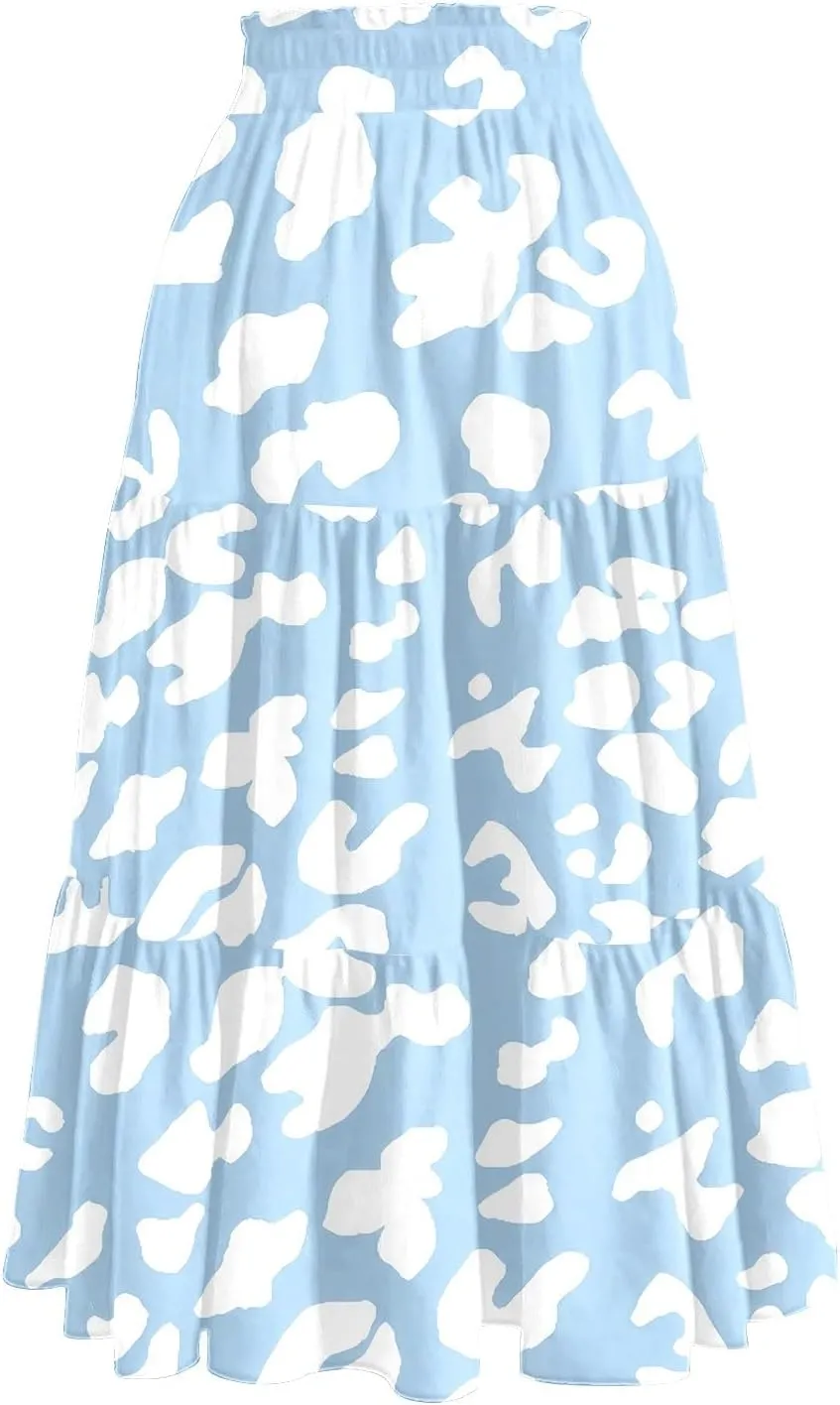 Midi Boho Floral Skirts for Women Trendy Tiered Comfy Flowy A Line Skirt Drawstring High Elastic Waist Skorts with Pockets