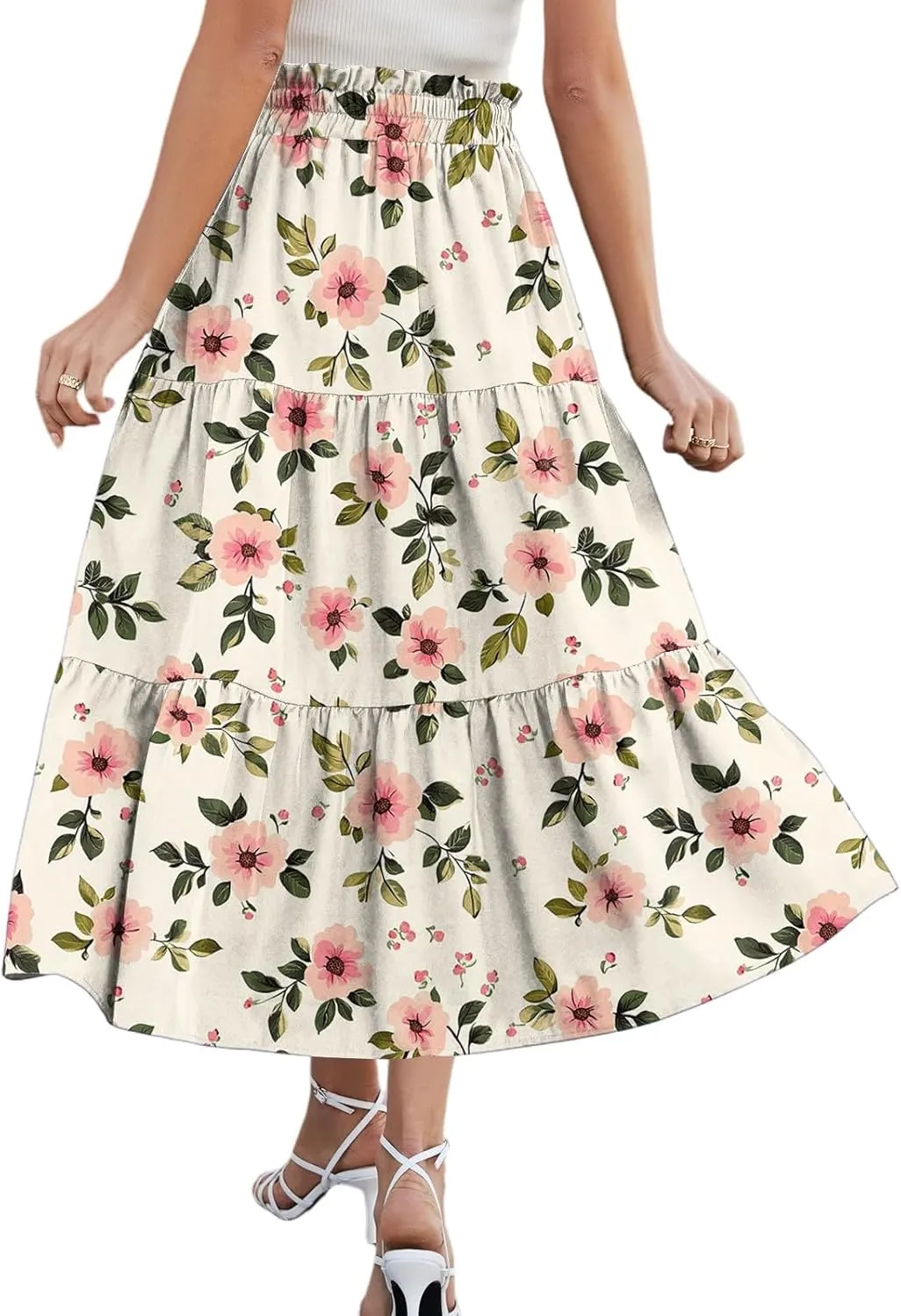 Midi Boho Floral Skirts for Women Trendy Tiered Drawstring High Elastic Waist Comfy Flowy A Line Skirt Skorts with Pockets