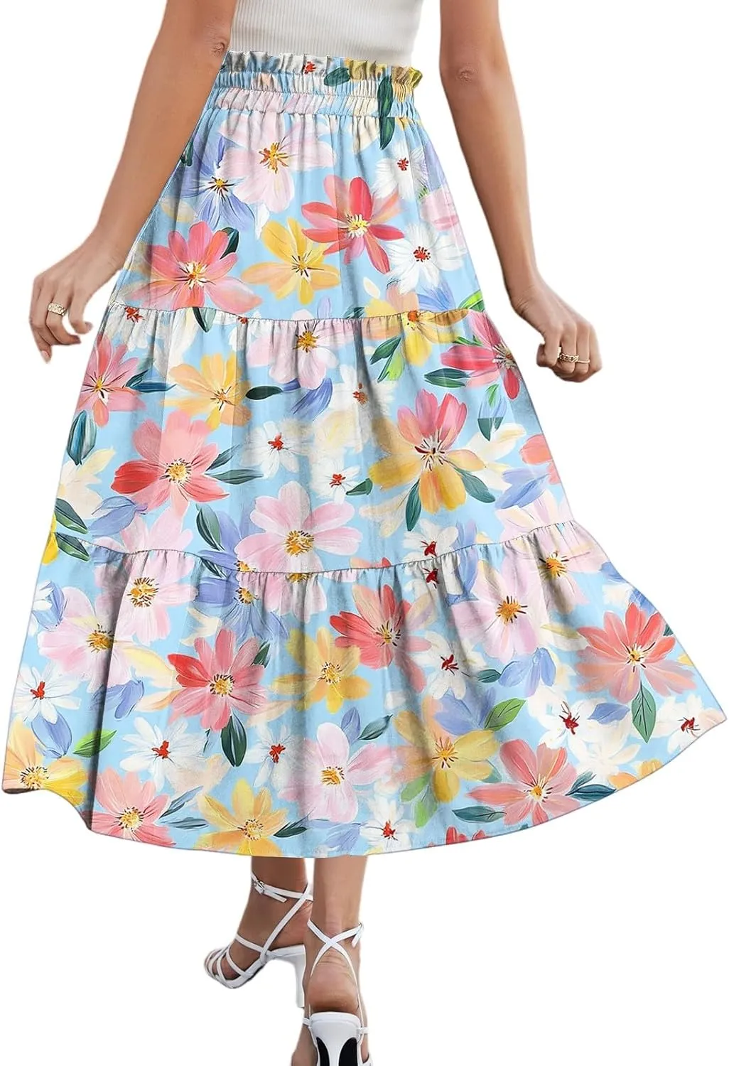 Midi Boho Floral Skirts for Women Trendy Tiered Drawstring High Elastic Waist Comfy Flowy A Line Skirt Skorts with Pockets