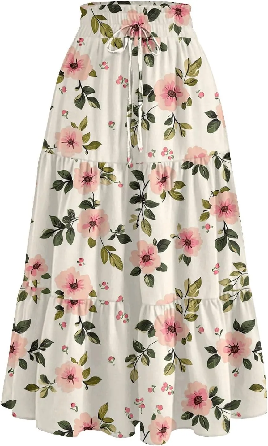 Midi Boho Floral Skirts for Women Trendy Tiered Drawstring High Elastic Waist Comfy Flowy A Line Skirt Skorts with Pockets