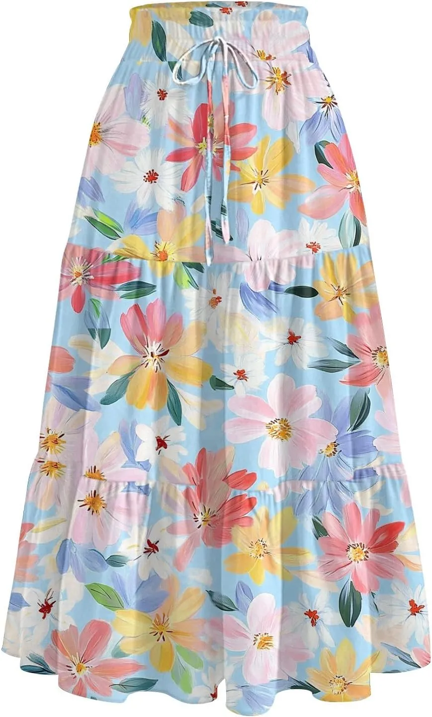 Midi Boho Floral Skirts for Women Trendy Tiered Drawstring High Elastic Waist Comfy Flowy A Line Skirt Skorts with Pockets