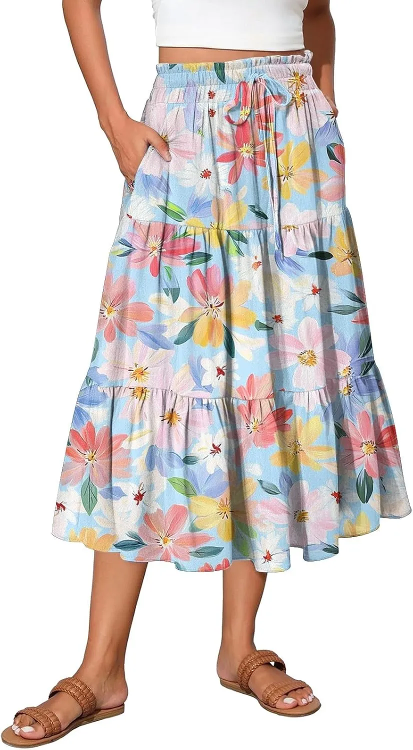 Midi Boho Floral Skirts for Women Trendy Tiered Drawstring High Elastic Waist Comfy Flowy A Line Skirt Skorts with Pockets