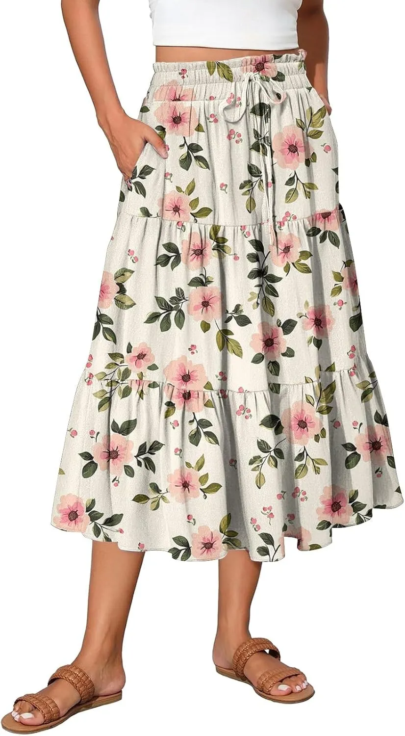Midi Boho Floral Skirts for Women Trendy Tiered Drawstring High Elastic Waist Comfy Flowy A Line Skirt Skorts with Pockets