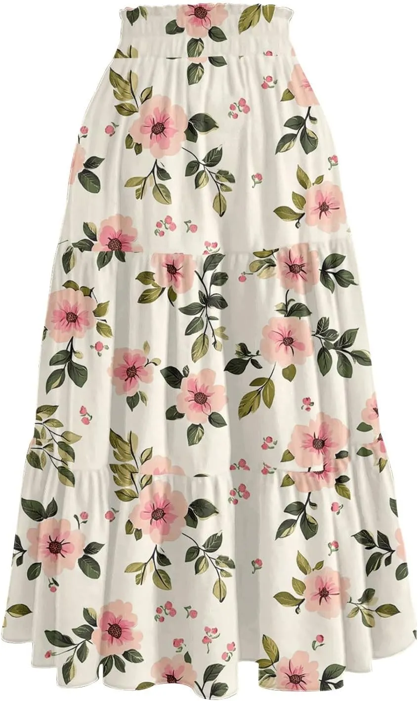 Midi Boho Floral Skirts for Women Trendy Tiered Drawstring High Elastic Waist Comfy Flowy A Line Skirt Skorts with Pockets