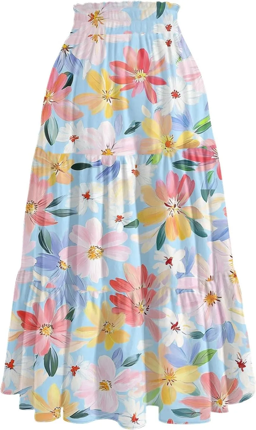 Midi Boho Floral Skirts for Women Trendy Tiered Drawstring High Elastic Waist Comfy Flowy A Line Skirt Skorts with Pockets