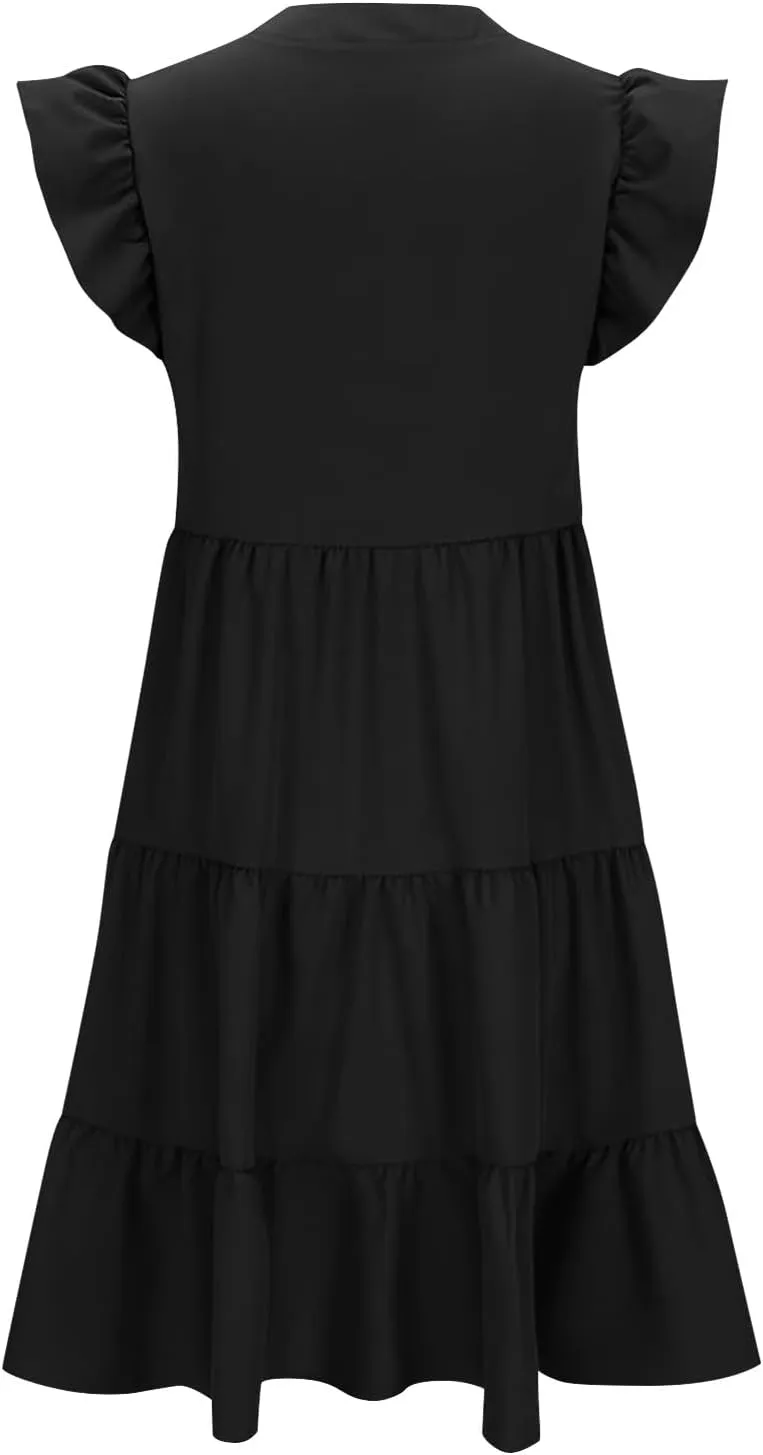 Midi Dress for Women Ruffle V Neck Sundress Summer Tiered Dress Flowy Boho Dress Cap Sleeve Beach Dress Resort Wear