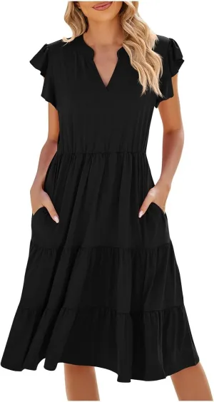 Midi Dress for Women Ruffle V Neck Sundress Summer Tiered Dress Flowy Boho Dress Cap Sleeve Beach Dress Resort Wear