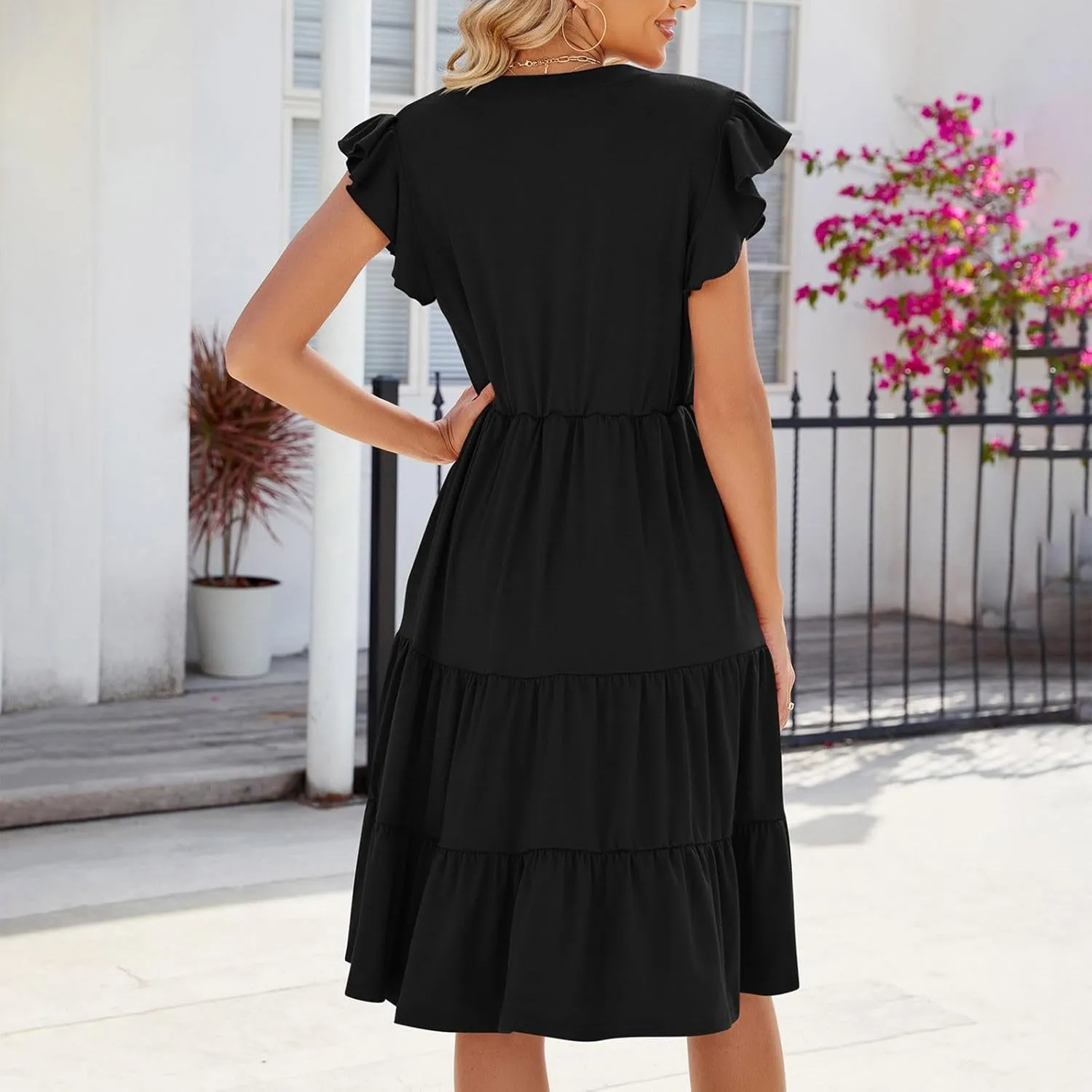 Midi Dress for Women Ruffle V Neck Sundress Summer Tiered Dress Flowy Boho Dress Cap Sleeve Beach Dress Resort Wear