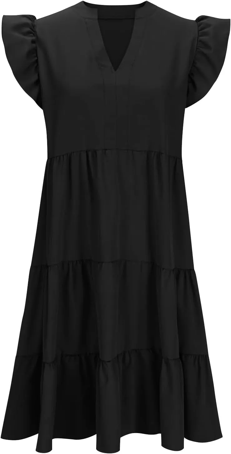 Midi Dress for Women Ruffle V Neck Sundress Summer Tiered Dress Flowy Boho Dress Cap Sleeve Beach Dress Resort Wear