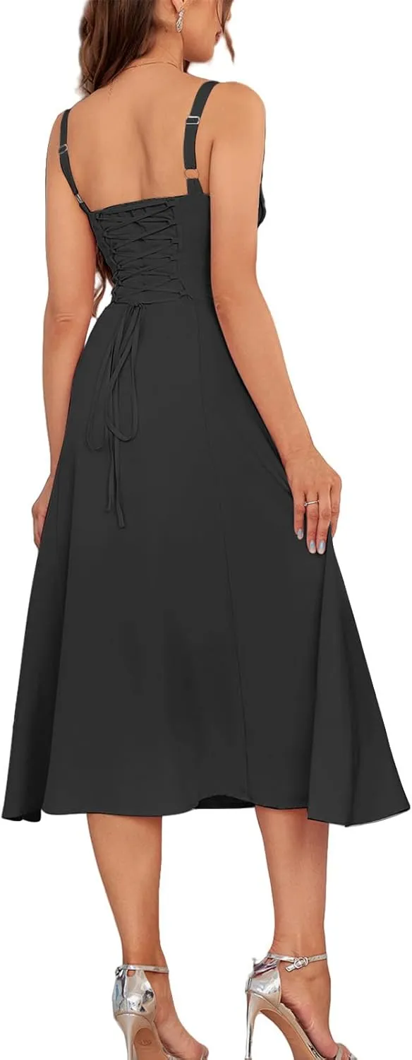 Midi Dresses for Women Boho Flowy Slit Lace Up Dresses Going Out A Line Summer Sexy Beach Casual Sundress 2025