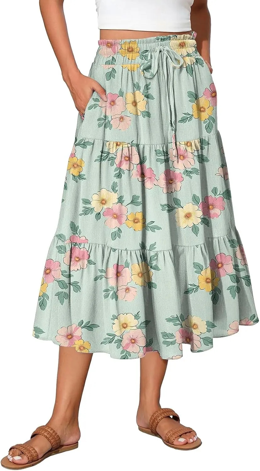 Midi Skirts for Women 2025 Boho Floral Skirts Tiered Ruffle Skirt Flowy High Elastic Waisted A Line Skorts with Pockets