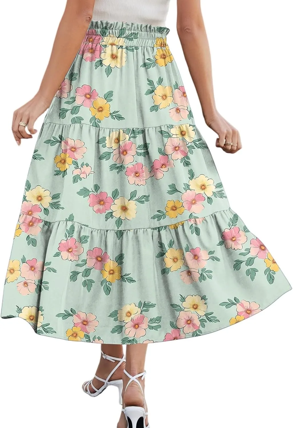 Midi Skirts for Women 2025 Boho Floral Skirts Tiered Ruffle Skirt Flowy High Elastic Waisted A Line Skorts with Pockets