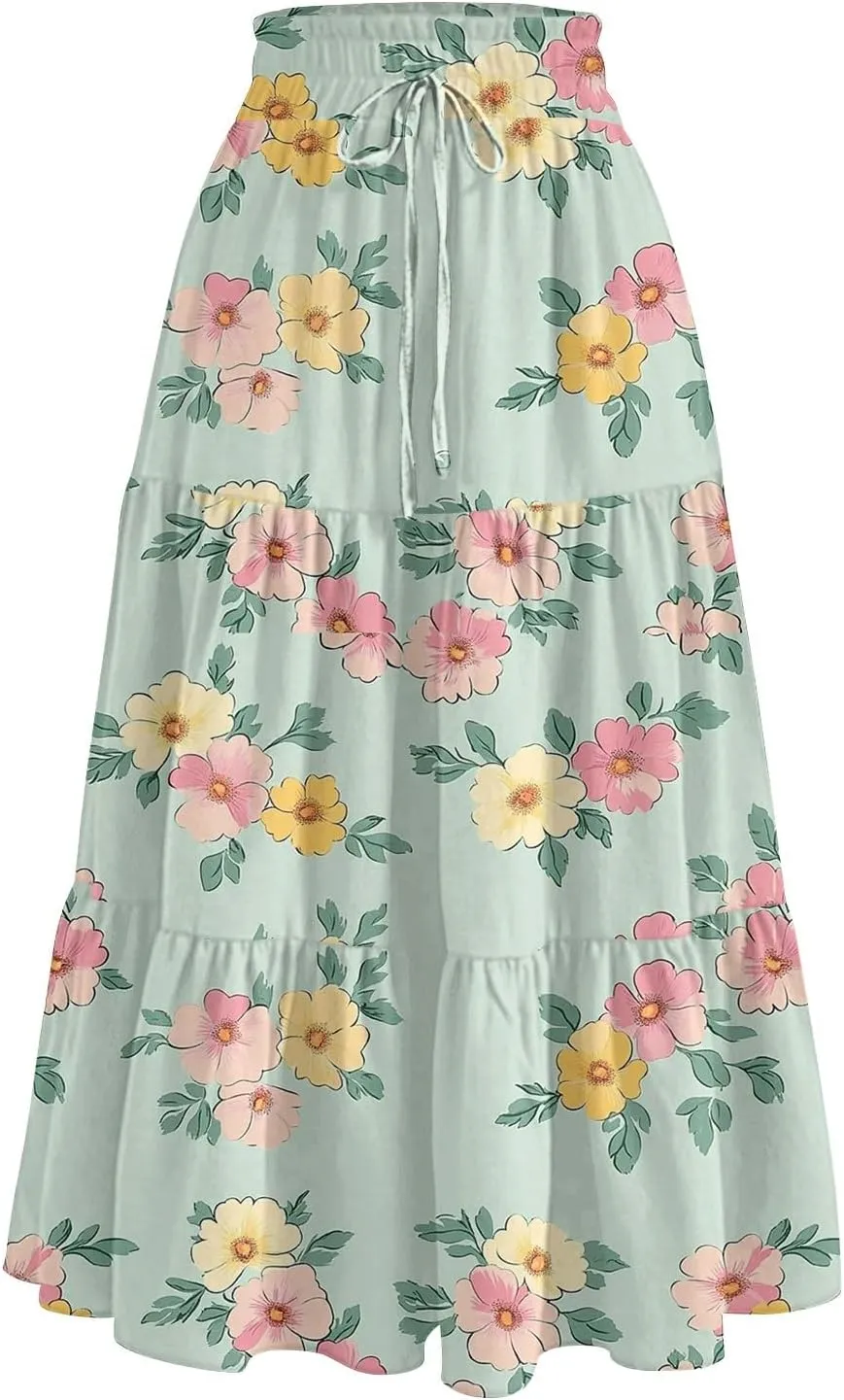 Midi Skirts for Women 2025 Boho Floral Skirts Tiered Ruffle Skirt Flowy High Elastic Waisted A Line Skorts with Pockets