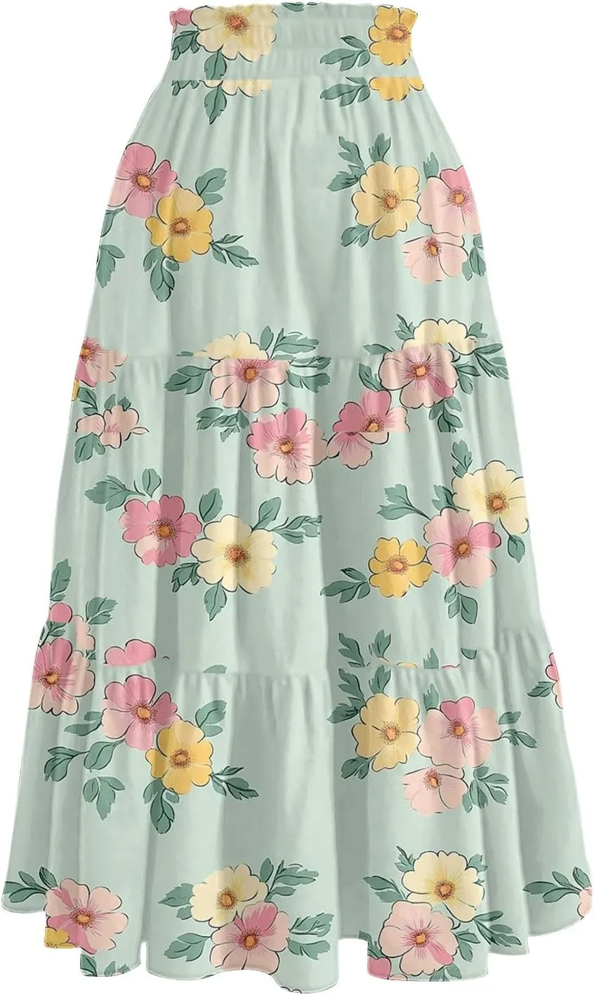 Midi Skirts for Women 2025 Boho Floral Skirts Tiered Ruffle Skirt Flowy High Elastic Waisted A Line Skorts with Pockets