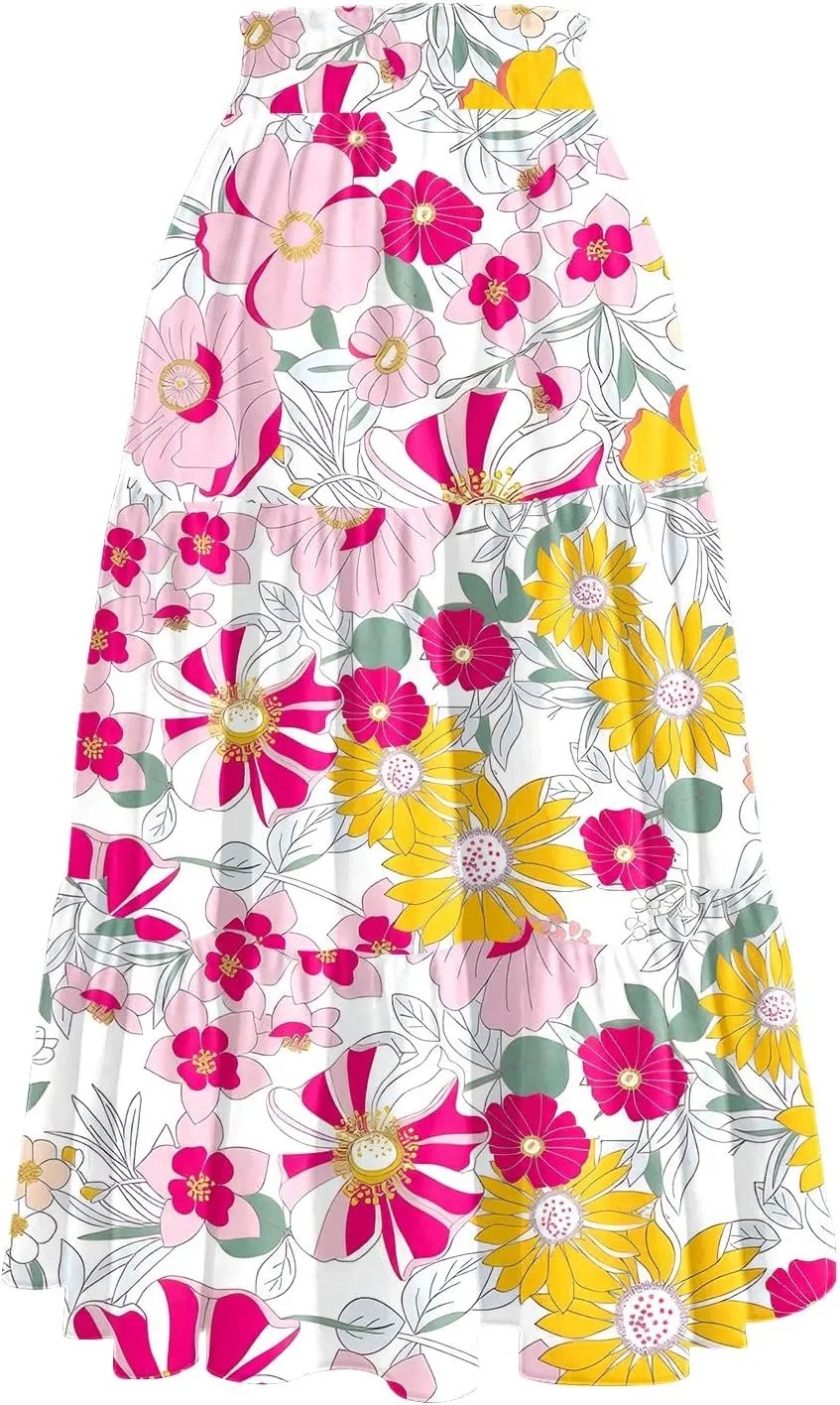 Midi Skirts for Women 2025 High Elastic Waisted Boho Floral Skirts A Line Tiered Ruffle Skirt Flowy Skorts with Pockets